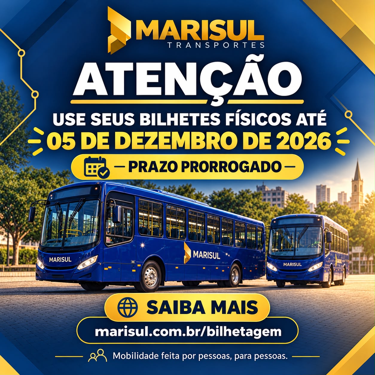Prazo prorrogado: use seus bilhetes físicos até 05 de dezembro de 2026. Mobilidade feita por pessoas, para pessoas.