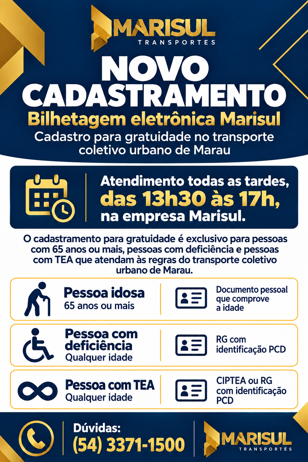Novo cadastramento da bilhetagem eletrônica Marisul. Atendimento das 13h30 às 17h na empresa Marisul. Orientações para pessoas idosas, pessoas com deficiência e pessoas com TEA.