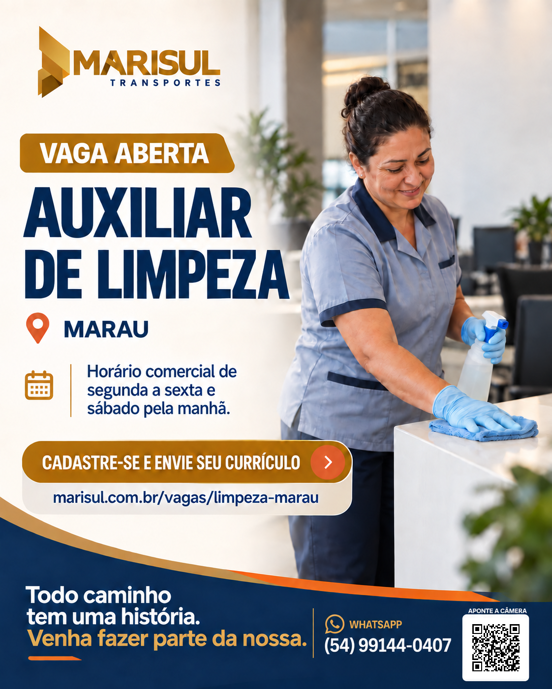 Card da vaga de auxiliar de limpeza da Marisul em Marau